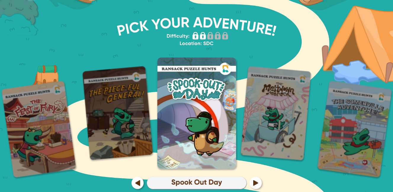 Ransack Puzzle Hunt adventure catalogue — The Feast of Fury, The Piece-ful General, Spook-Out Day, The Meltdown Morsce, The Somerville Adventure